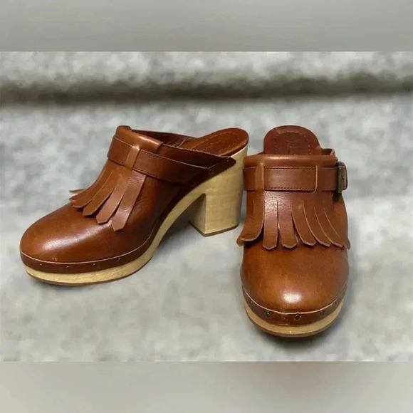 Madewell Kiltie Clogs Brown Fringe Mule Boho 70s Style Leather Wooden Women 8.5 - Picture 2 of 10